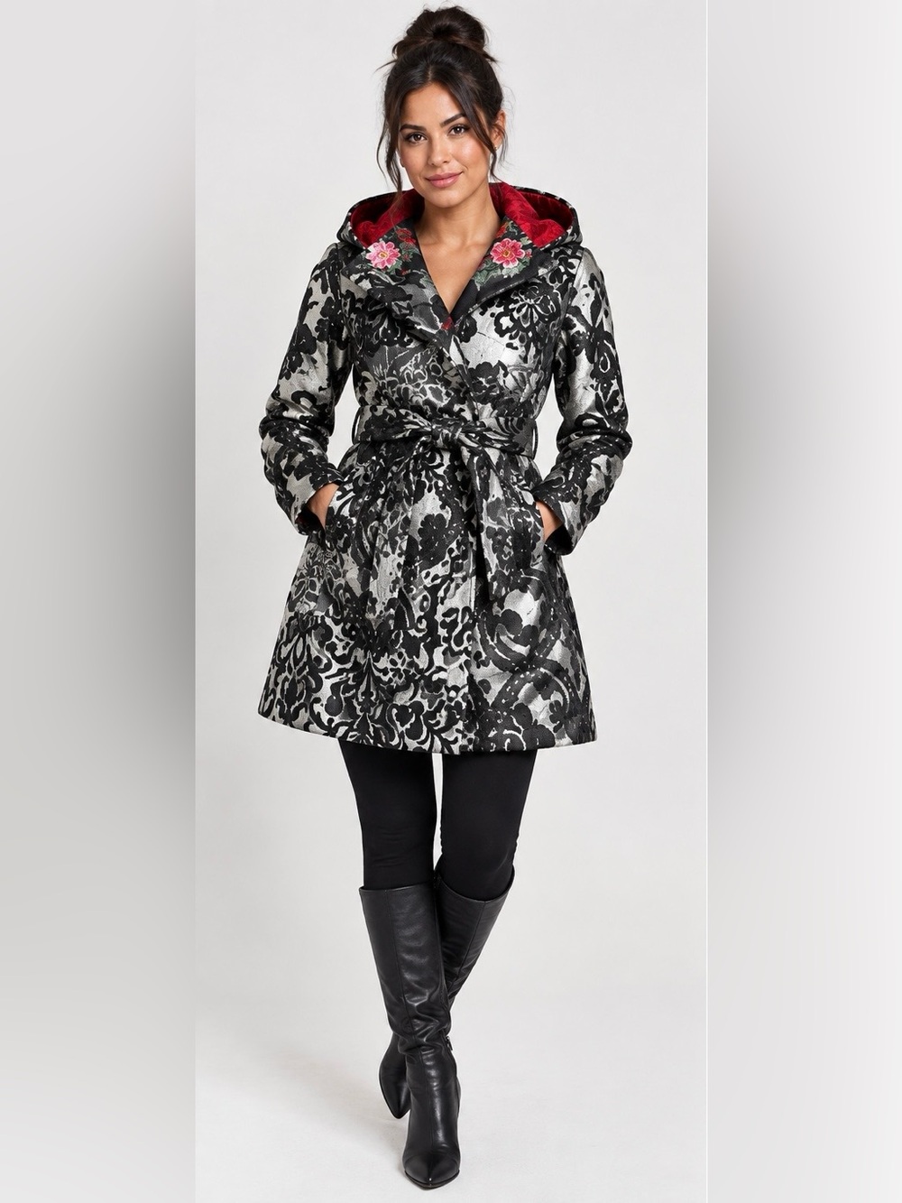 Desigual Floral Black Silver Belted Coat Brocade PeaCoat Hooded Size 36 (XS-4)